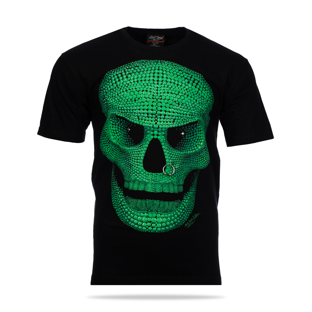 T-Shirt - grüner Totenkopf mit Piercing und Nieten